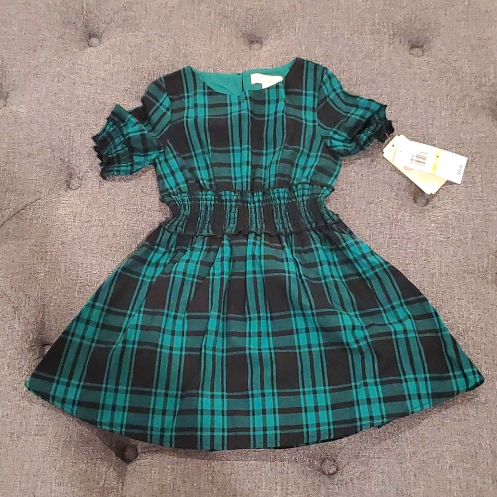 GB Girls Green and Black Plaid Printed Dress